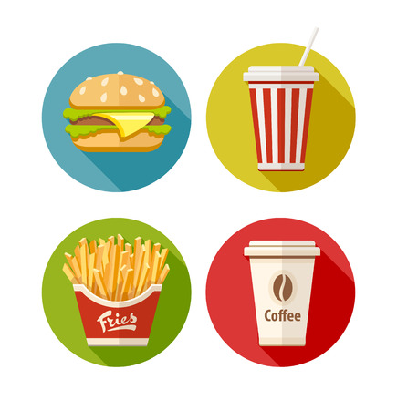 Set of flat icon with hamburger fries soda and coffee in paper cup. のイラスト素材