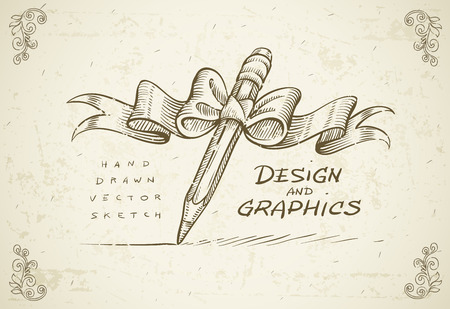 Art design graphics sketch concept with hand drawn pencil ribbon and bow. Eps10 vector illustrationのイラスト素材