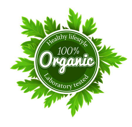 Organic round logo sign label with green leaves. Eps10 vector illustration. Isolated on white backgroundのイラスト素材