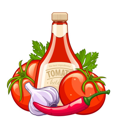 Bottle with ketchup and organic ingredients vegetables. Eps10 vector illustration. Isolated on white backgroundのイラスト素材