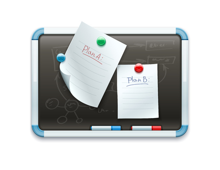 Office blackboard with pinned paper sheets and markers for marketing planning. Eps10 vector illustration. Isolated on white backgroundのイラスト素材