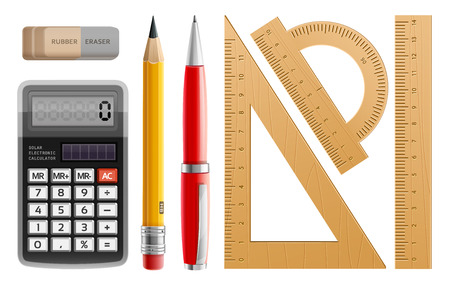 School tools for learning, pencil, pen, calculator, rulers and rubber. Eps10 vector illustration. Isolated on white backgroundのイラスト素材