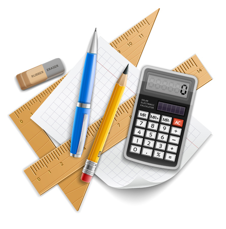 Tools set for education, pencil, pen, calculator, rulers and rubber. Eps10 vector illustration. Isolated on white backgroundのイラスト素材
