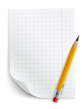 Blank sheet of paper with grid and pencil. Eps10 vector illustration. Isolated on white backgroundのイラスト素材