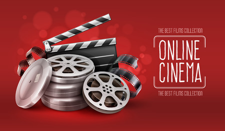 Online cinema with film movie tape disks in boxes and directors clapper for filmmakingのイラスト素材