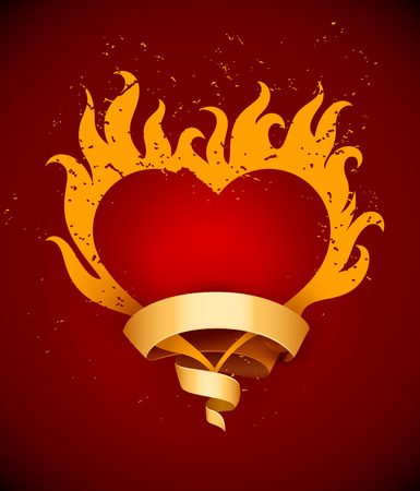 Symbol of burning heart with fire flames and ribbon for Valentines day. vector illustrationのイラスト素材