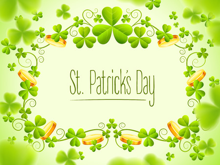 Saint Patricks Day holiday frame with green clover leaves and gold coin to day, vector illustrationのイラスト素材