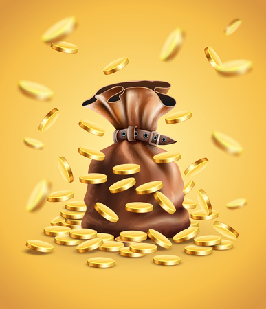 Gold coins falling down and full sack, gradient mesh usedのイラスト素材