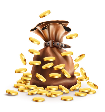 Full sack with money and falling gold coins illustration, isolated white background gradient mesh usedのイラスト素材