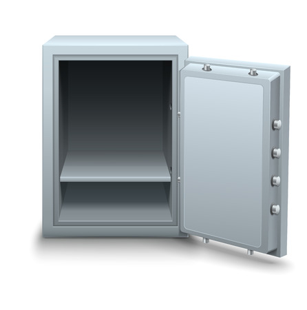 Empty bank safe for money keeping with open metallic door vector illustration, eps10 isolated on white background. Business icon concept. Metal box with open door.のイラスト素材