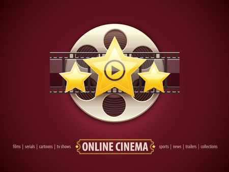 Online cinema icon, design concept with movies disc, film tape and golden stars.のイラスト素材