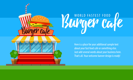 Fast food cafe store or banner design, shop-window facade, hamburger and cola drink sign, front view.のイラスト素材