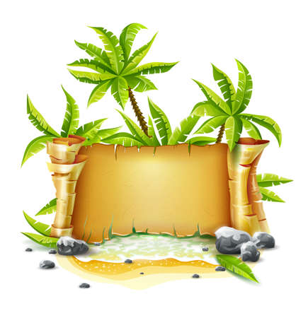 Travel banner with old parchment paper script. Paradise Island from sea wave beach breakers palm  illustrationのイラスト素材