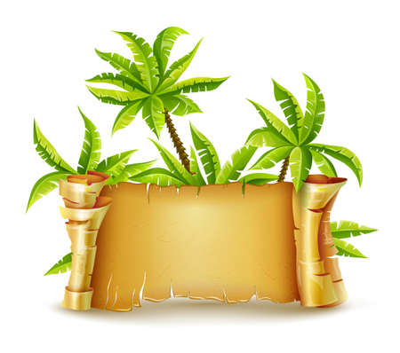 Old pirate bundle scroll and palms leaves of fairy-tale tropical island. Tropical vojage travel banner concept. Ancient manuscript document of yellow paper. illustration, isolated on white.のイラスト素材
