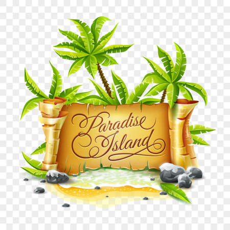 Summer travel banner with old parchment paper script. Tropical paradise island with sea waves, sand beach breakers, coconut palms and stones. Vector illustration isolated on transparent backgroundのイラスト素材