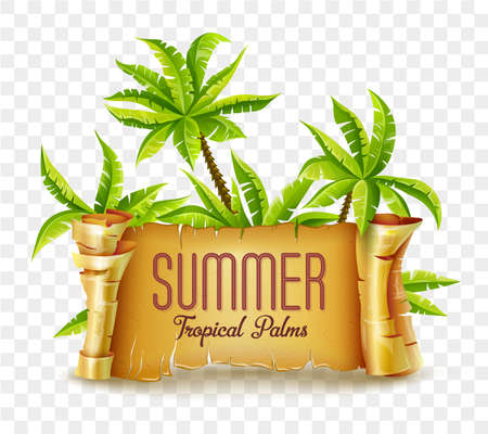 Old pirate bundle scroll and tropic palms leaves of fairy-tale tropic island. Vojage travel banner concept. Ancient scrolled manuscript, document of yellow paper. Vector illustration isolated on whiteのイラスト素材