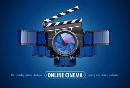 Online movie theater cinema art concept. Creative icon design with clapper, film tape and glass lens. Vector illustrationのイラスト素材