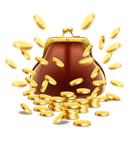 Classic vintage purse with gold coins money crumbling and falling down jackpot concept  illustration, eps10 isolated on white backgroundのイラスト素材