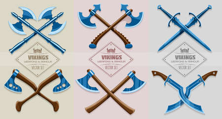Medieval weapon of ancient Scandinavian vikings. Axe, hache and sword, iron armor vector illustration set , eps10のイラスト素材