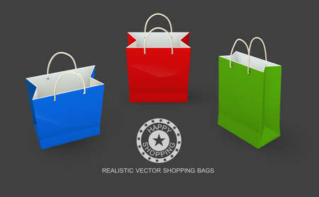 Shopping bags paper packaging for shopping goods and products transportation from shop or grocery. Realistic template mockup vector illustration, eps10 isolated on dark transparent background.のイラスト素材