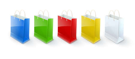 Shopping bags paper packaging for shopping goods and products transportation from shop or grocery. Realistic template mockup vector illustration, eps10 isolated on white transparent background.のイラスト素材