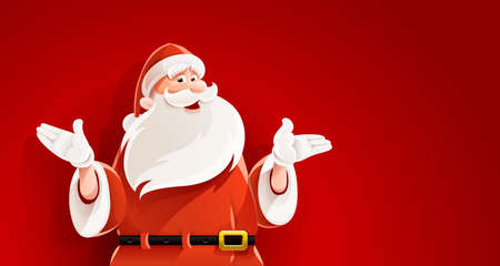 Merry Santa Claus. Smiling cartoon old man in santa clauses suit telling Christmas holiday story vector illustration, mens figure on red background, eps10のイラスト素材