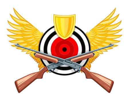 Hunting symbol of round target with wings and riffle guns weaponry logo vector illustration. Armory weapons eps10 isolated on white background. Sports and leisure concept with equipment for shooting.のイラスト素材