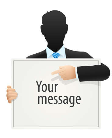 Solid businessman in black suit pointing out to sign with message text. Masterclass tutorial boss manager in office creative business concept silhouette. Vector illustration, isolated white backgroundのイラスト素材