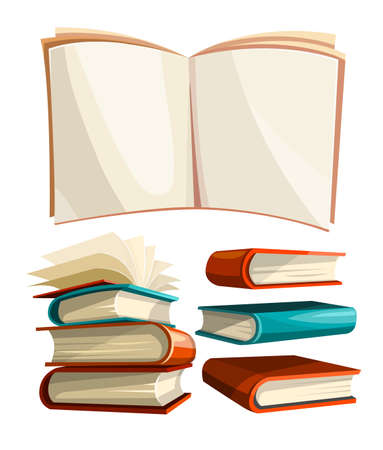 Big piles set of cartoon books with open empty pages spread template. Isolated on white background. Vector illustration.のイラスト素材