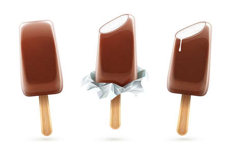 Ice-cream chocolate vanilla ice on wands set isolated on white transparent background, gradient mesh used. Eps10 vector illustration.のイラスト素材
