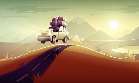 Vacation drive trip by car among mountains and hills. Family travel retro transport vehicle on road route driving with luggage suitcases and trunks at roof. Eps10 vector illustration.のイラスト素材