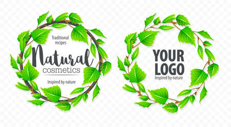 Natural organic sign logo with green birchen leaves in circle.のイラスト素材