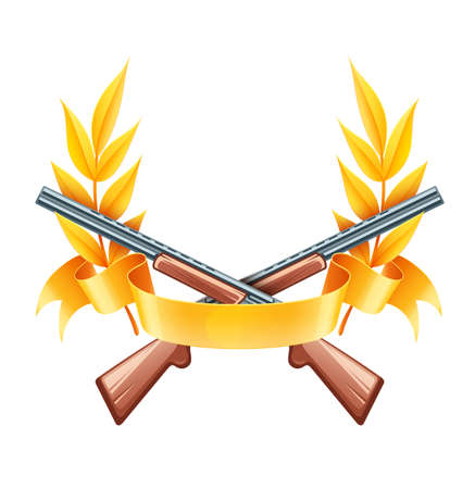 Emblem for hunting or shooting from rifles, championship logo with laurel branches and gold leaves, ribbon, isolated white background. Eps10 vector illustration.のイラスト素材