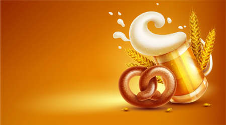 Octoberfest festival symbols. Full glass of beer with foam, pretzel loaf and wheat ears, on yellow background. Gradient mesh used. Eps10 vector illustration.のイラスト素材