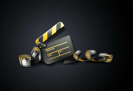 Online cinema art movie poster design with clapper and film-strip reel tape on dark black background. Cinematography concept vector illustration.のイラスト素材