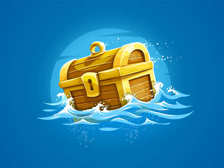 Pirate trunk with treasures and gold floating among waves in ocean. Vector illustration.のイラスト素材