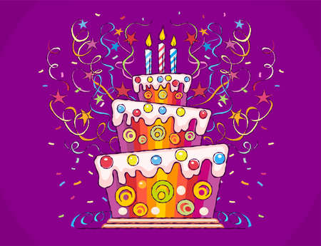 Birthday cake with burning candles and serpentine for holiday. Sweet gift with confetti and stars. Hand drawn vector illustration in cartoon style with draft outline contours, on violet background.のイラスト素材