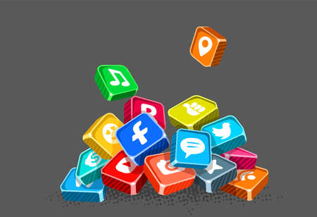 Icons of social networks and internet applications and services falling on heap vector illustration.のイラスト素材