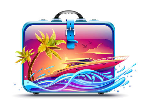 Elite luxury rest on yacht among tropical palms at hot islands in sea or ocean. Travel case ready for holidays vacation. High-speed motorboat race by waves at evening sunset sky background. Banner for travel. EPS10 vector illustrationのイラスト素材