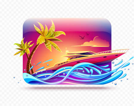 Elite luxury rest on yacht among tropical palms at hot islands in sea or ocean. High-speed motorboat race by waves at evening sunset sky background. Banner for travel. EPS10 vector illustrationのイラスト素材