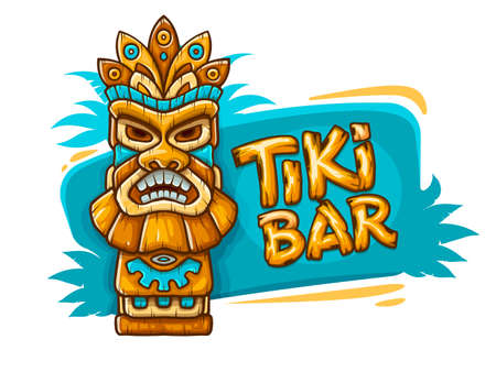 Banner with Tiki ethnic traditional tribal mask. Totem symbol with human face from hawaiian culture, isolated on white background. EPS10 vector illustration.のイラスト素材