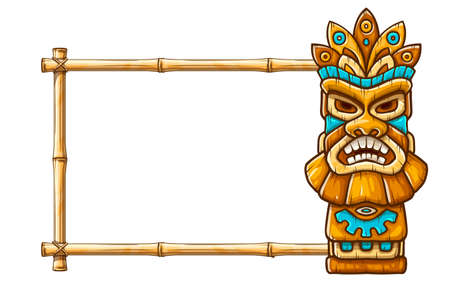 Tiki traditional hawaiian tribal mask with human face on bamboo frame with copyspace. Wooden totem symbol, god from ancient culture of Hawaii. Hand drawn in cartoon style, isolated on white background. EPS10 vector illustration.のイラスト素材