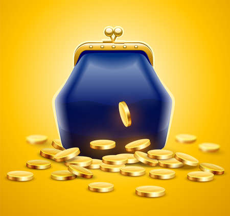 Vintage retro purse for money with gold coins. EPS10 vector illustration.のイラスト素材
