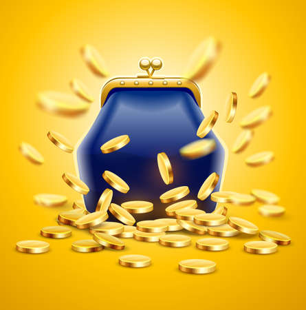 Classic vintage luxury purse with gold coins money crumbling and falling down. Jackpot concept vector illustration, eps10のイラスト素材