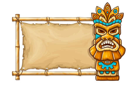 Tiki traditional hawaiian tribal mask with human face on bamboo frame with copyspace. Wooden totem symbol, god from ancient culture of Hawaii. Hand drawn in cartoon style, isolated on white background. EPS10 vector illustration.のイラスト素材