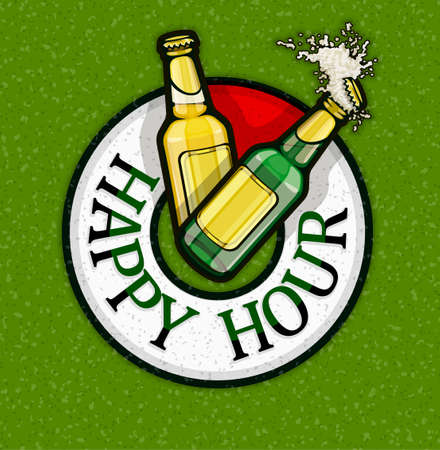 Happy hour with free beer in bottles. Brewery concept of poster for bar or pub with cheap drinks in discount time. Glass Bottles with foam splash on dial of clock. EPS10 vector illustration.のイラスト素材