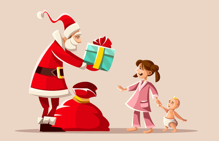 Christmas holiday. Santa Claus gives Gifts to happy girl in pajama, small kid baby brother. Greeting card. Vector illustration.のイラスト素材