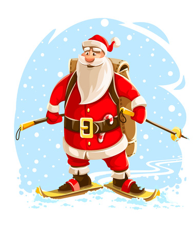 Christmas Santa Claus. Merry cartoon character on skis go by winter snow hurry to christmas holiday with backpack full of gifts for children. EPS10 vector illustration isolated on white background.のイラスト素材