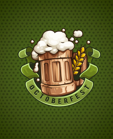 Wooden Beer mug with beer and froth for Octoberfest brewery festival. Ear of wheat and ribbon with place for text. EPS10 vector illustration.のイラスト素材