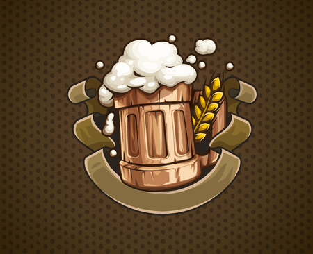Wooden Beer mug with beer and froth for Octoberfest brewery festival. Ear of wheat and ribbon with place for text. EPS10 vector illustration.のイラスト素材